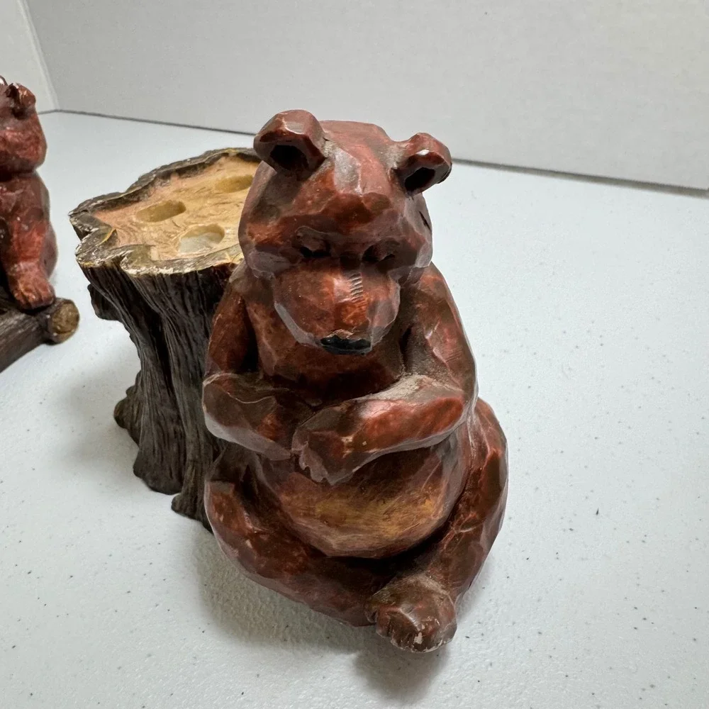 VTG Rustic wooden Bear Bathroom ART Toothbrush Soap holders Bear Tree Carved set